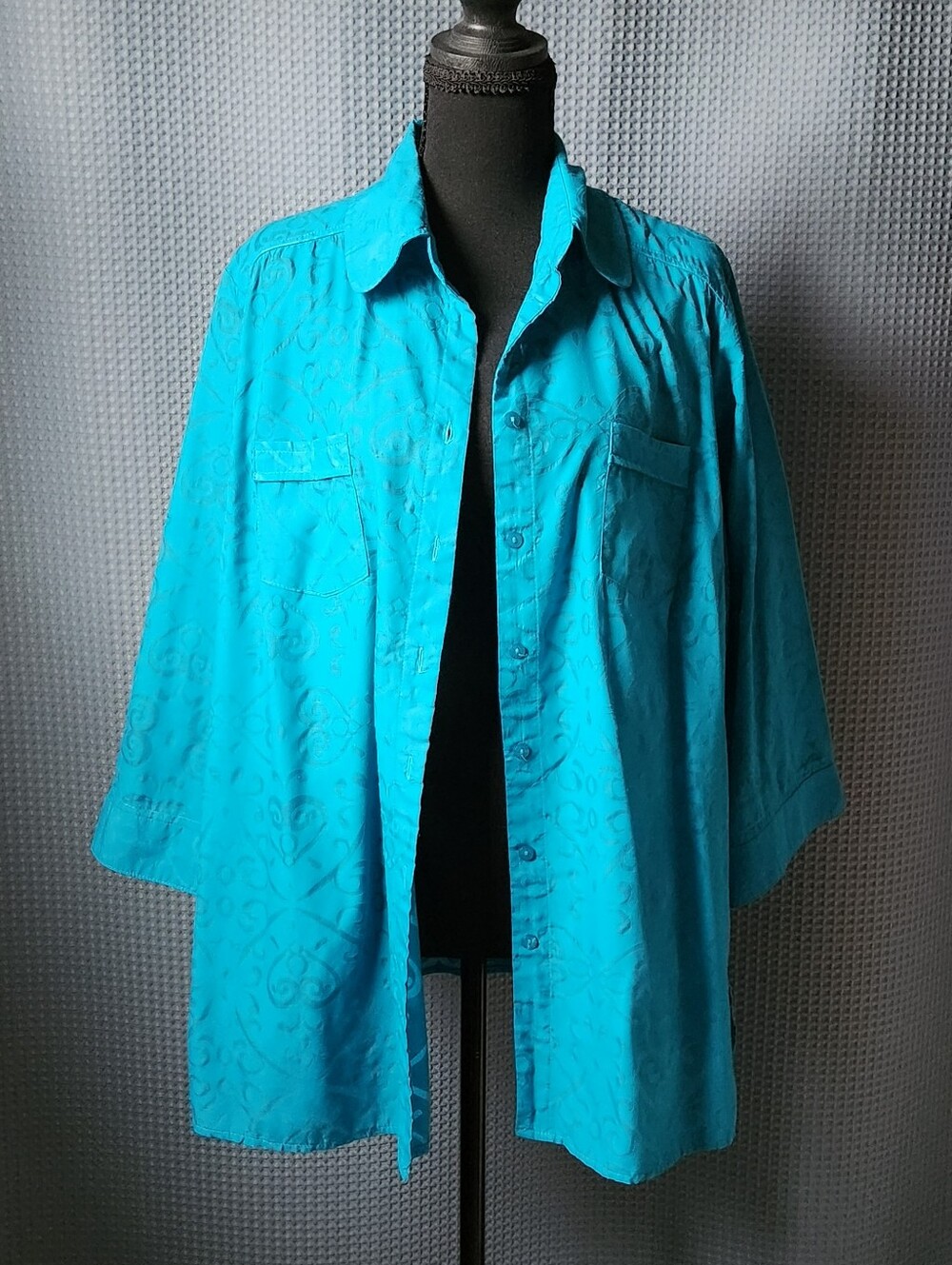Allison Daley Bright Blue Collared Button Up W/ Ornamental Pattern